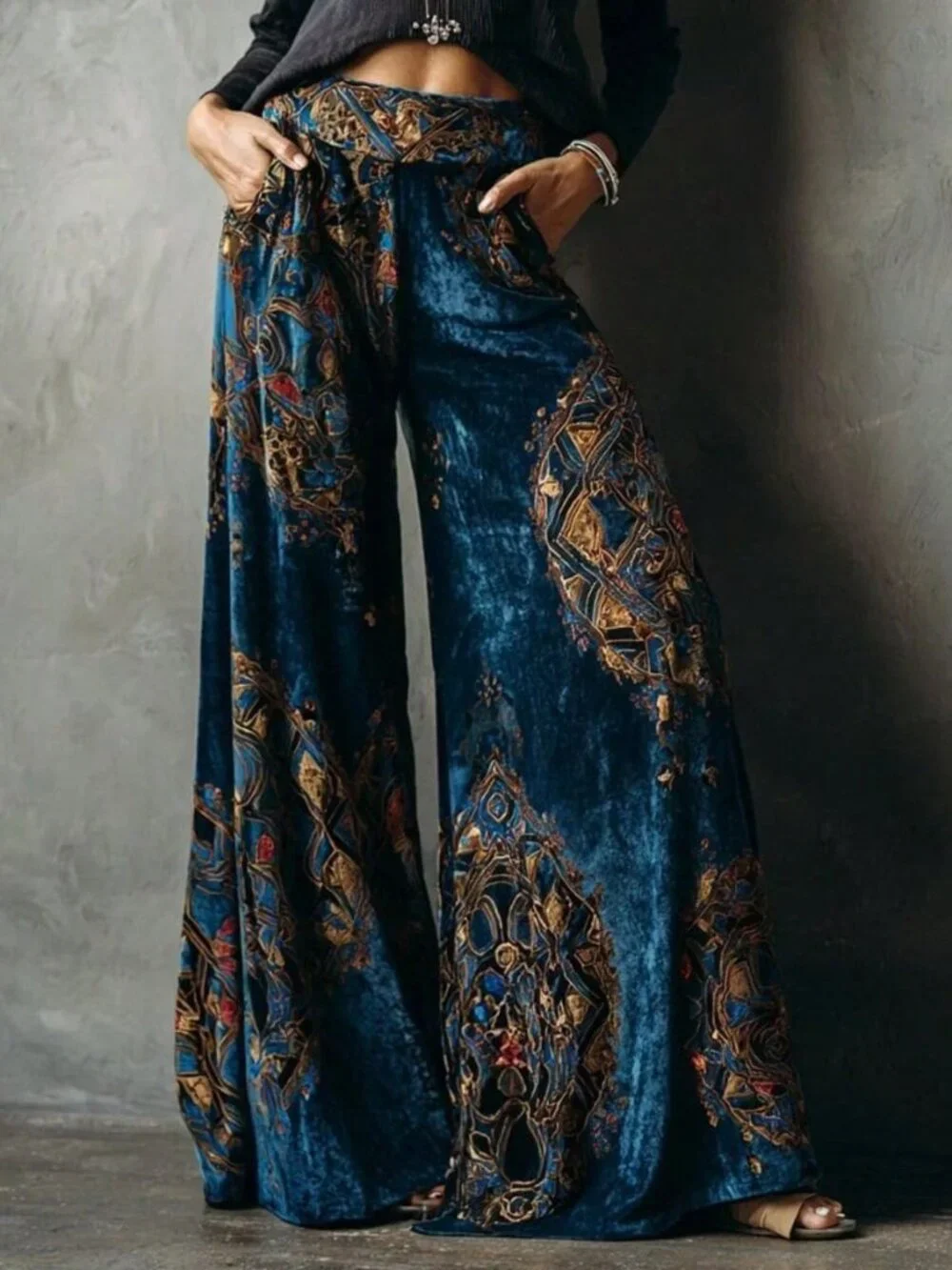 Multicolor Boho Women's Floral Print Wide Leg Flowy Long Trousers - Picture 1 of 3